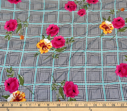 Gray Black Aqua Geometric Fuchsia Yellow Flowers Fabric