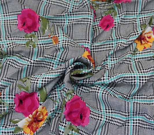 Gray Black Aqua Geometric Fuchsia Yellow Flowers Fabric