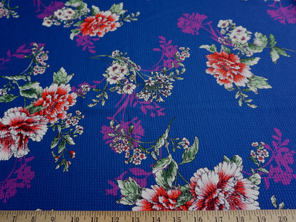 Bullet Knit Printed Fabric-Royal Blue Red Green Purple Flowers-BPR050-Sold by the Yard