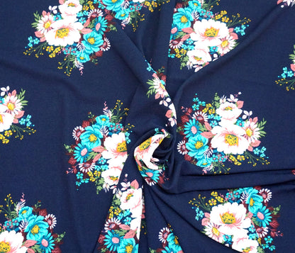 Navy Blue White Aqua Yellow Flowers Liverpool Print Fabric