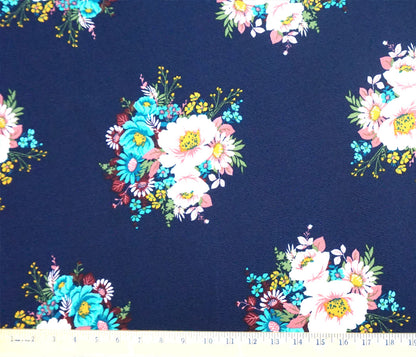 Navy Blue White Aqua Yellow Flowers Liverpool Print Fabric