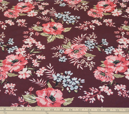 Maroon Green Pink Flowers Roses Scuba Techno Fabric