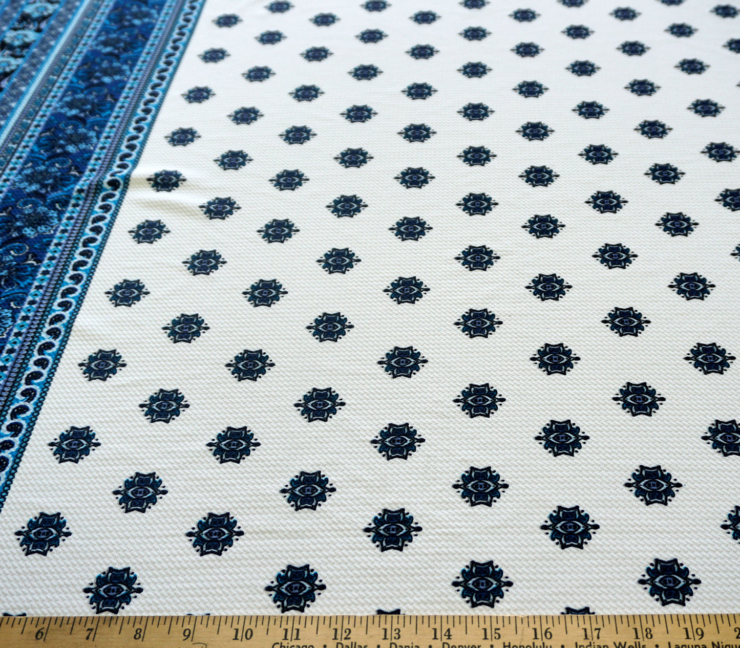 Bullet Knit Printed Fabric-Ivory Blue Aqua Bandana-BPR059-Sold by the Yard